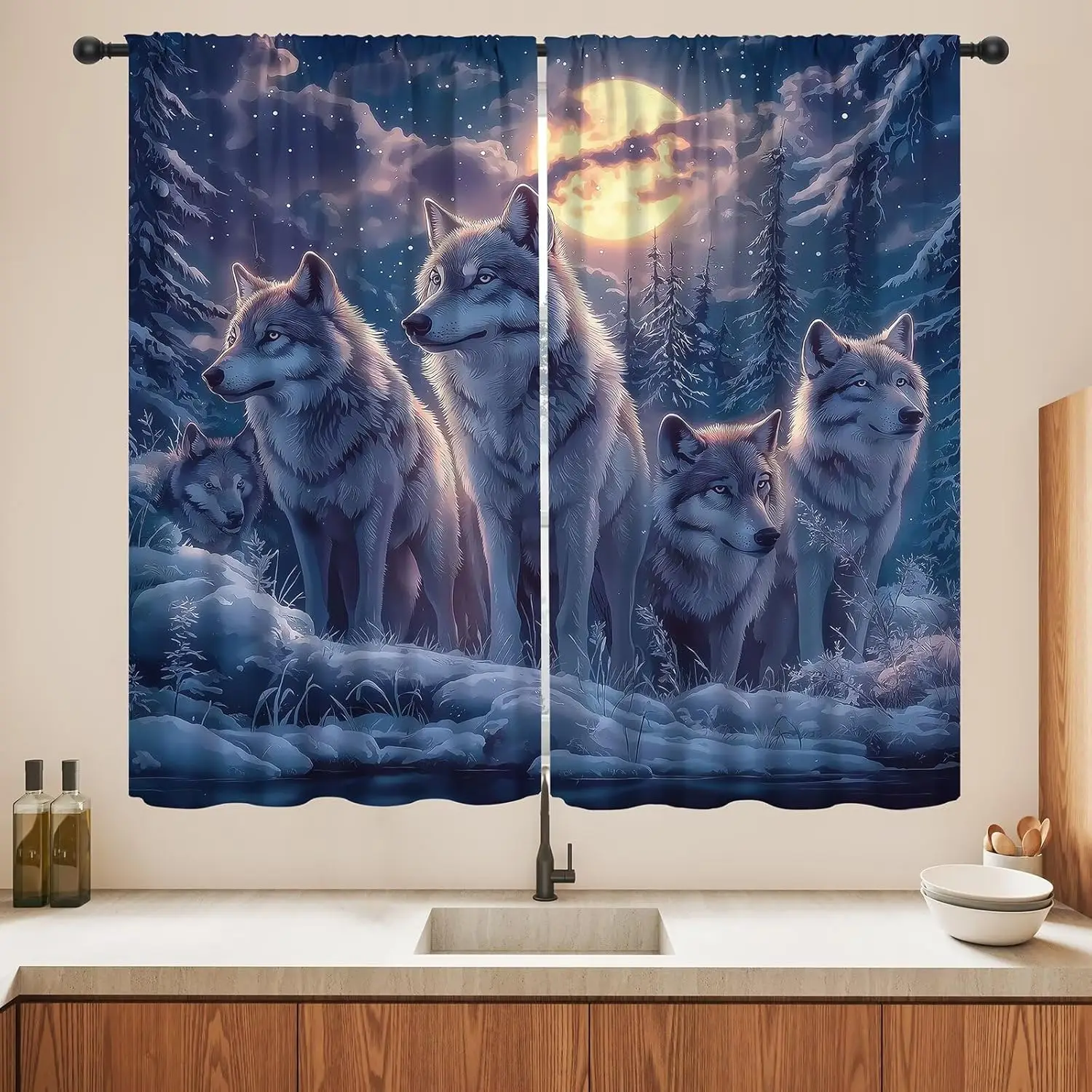 Large Wolf Pack Full Moon Night Forest Curtain Window Decoration Bohemian Nature Print Animal Wildlife Backdrop