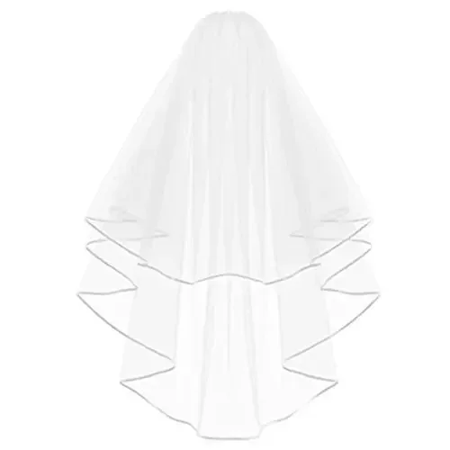 White Double Ribbon Edge Center Cascade Bridal Wedding Veil with Comb 2024