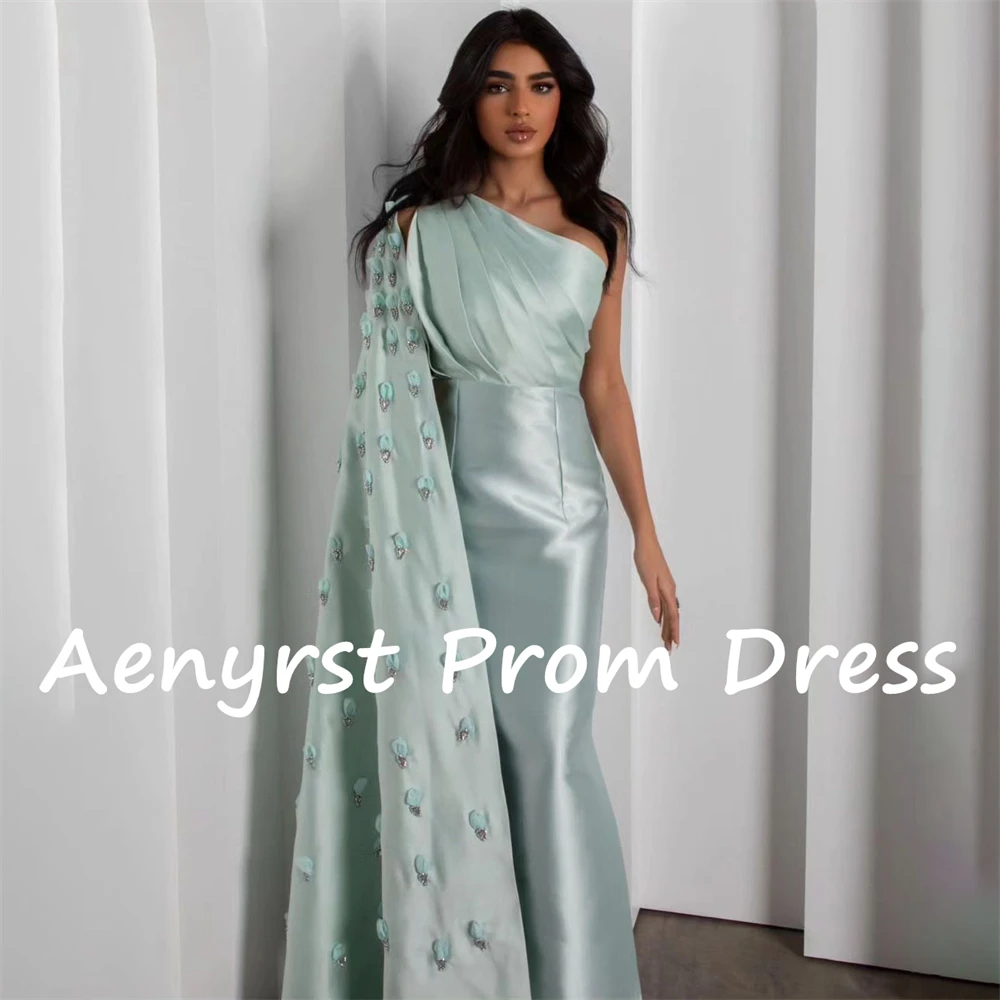 Aenyrst Elegante Um Ombro Cetim Prom Vestidos Sereia Plissada Arábia Vestidos De Noite Mulheres Tornozelo Comprimento Vestido de Festa personalizado