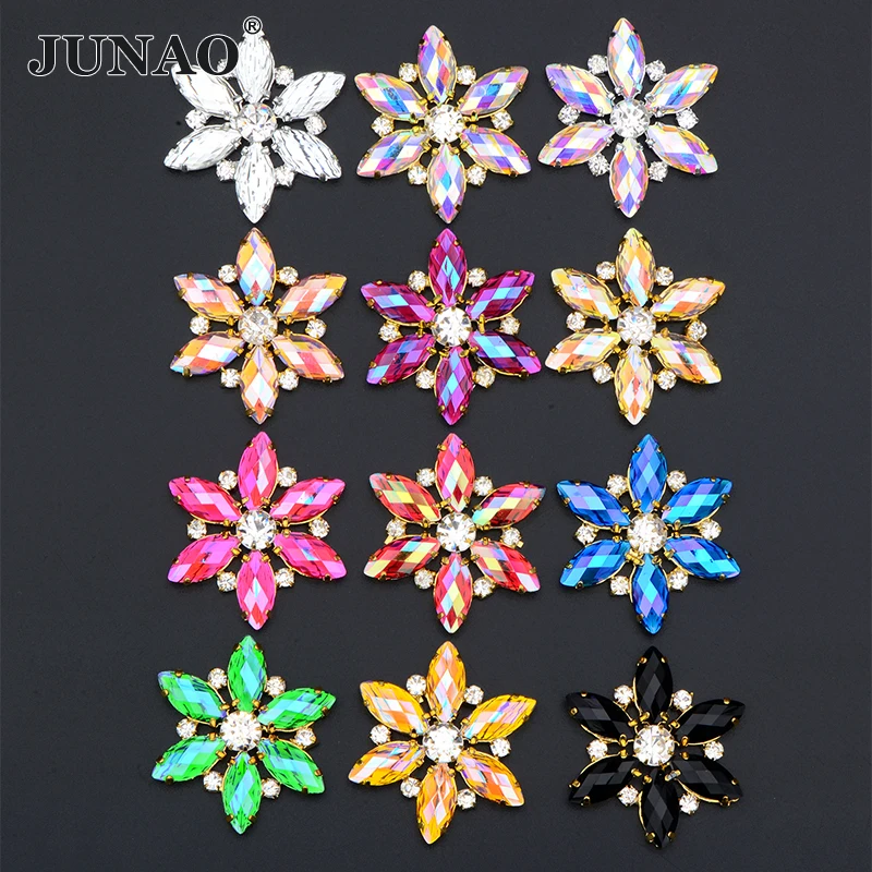 JUNAO 1 pz 36mm fucsia AB cucito strass applique fiore cristalli di vetro applique artiglio d\'oro cucire su gioielli per la realizzazione di abiti
