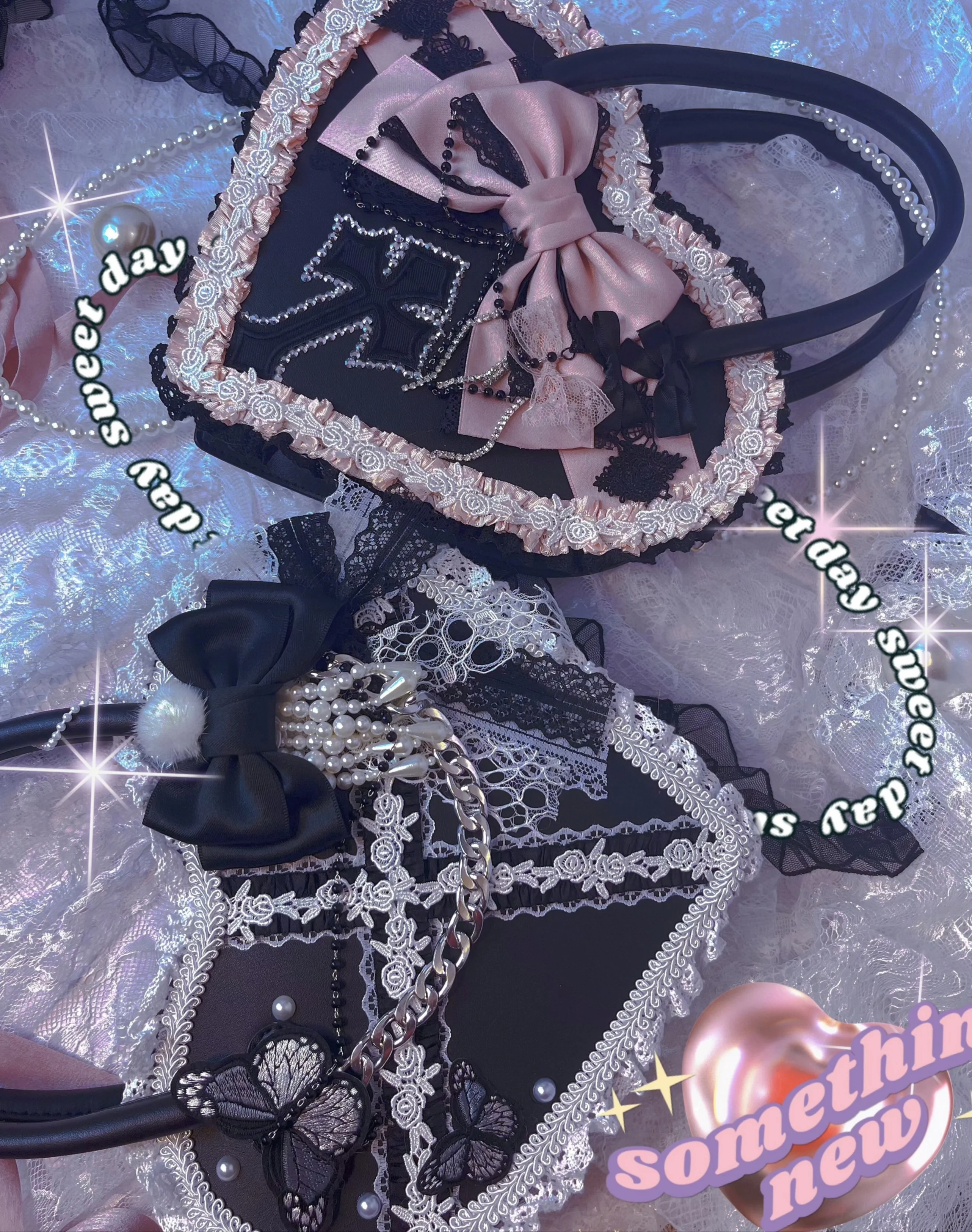 

Gorgeous Lace Bow Pearl Women's Bags Subcultural Love Heavy Industry Vintage Handbag Lolita Girls Beaded Design Crossbody Bag