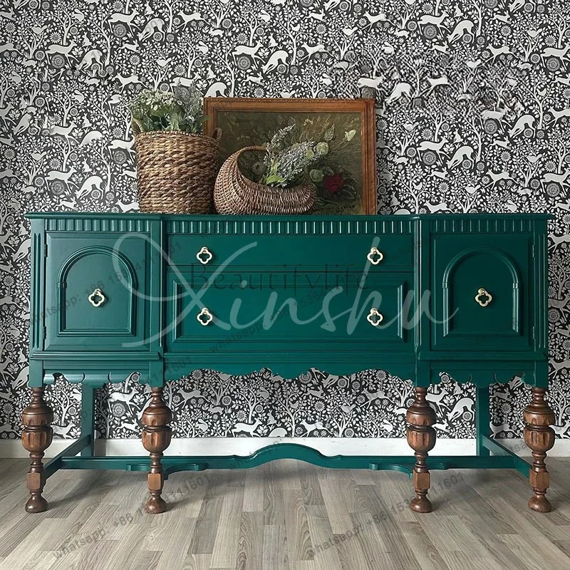 

French retro solid wood porch cabinet household living room contrasting color dining side cabinet foyer carved storage cabinet