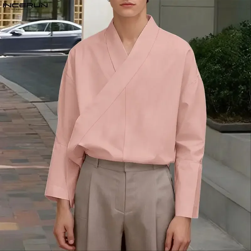 

INCERUN 2026 Men Shirt Solid Color V Neck Long Sleeve Casual Men Clothing Streetwear Spring Loose Fashion Tops Male Shirts S-5XL
