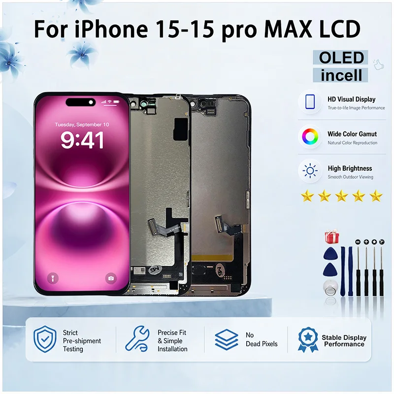 Schermo OLED per iPhone 15 Pro LCD 3D Touch Screen per iPhone 15 Plus Display 15 Pro Max LCD Face ID Digitizer Screen Incell Sostitutivo