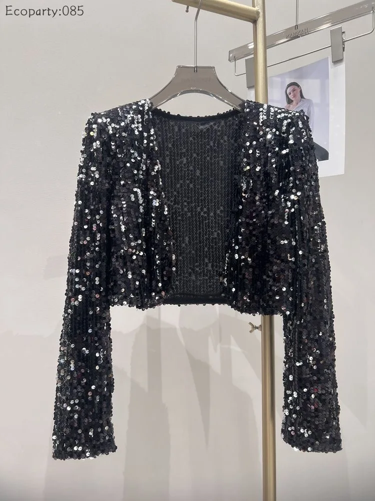 Women’s Short blazer Heavy Industry Sequined Temperament Cardigan Lady Short Sparkling Typhoon Jacket Stage Performance Costumes