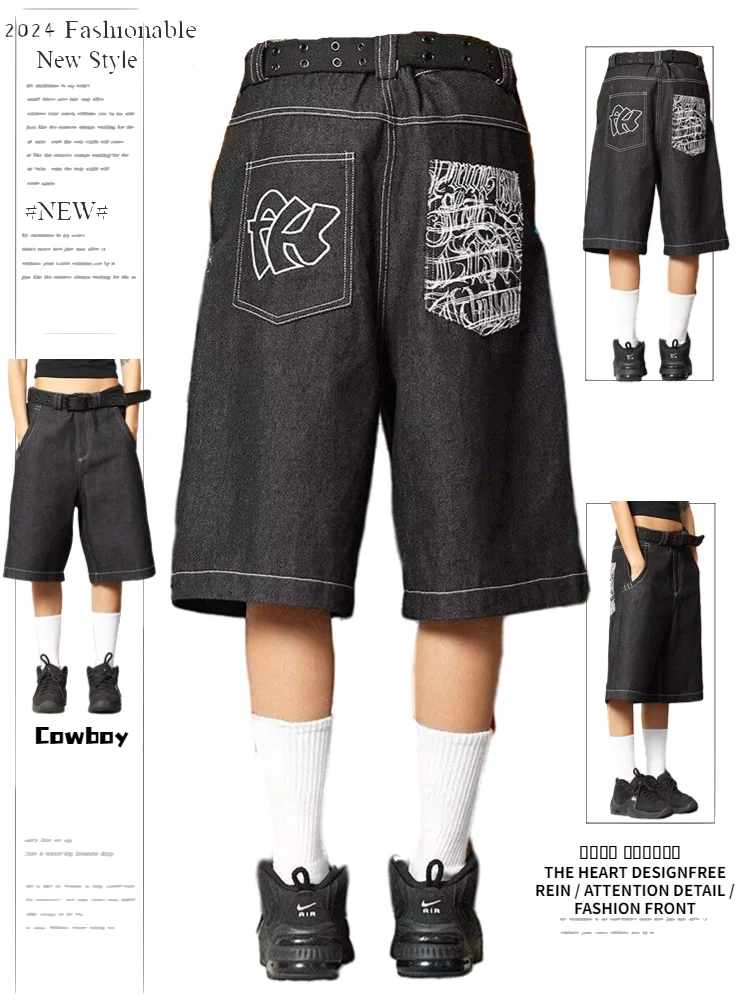 

Embroidered Denim Shorts Women's Summer New Sport American Retro Loose Wide Leg Skateboard Hip Hop Six Pants Trendy
