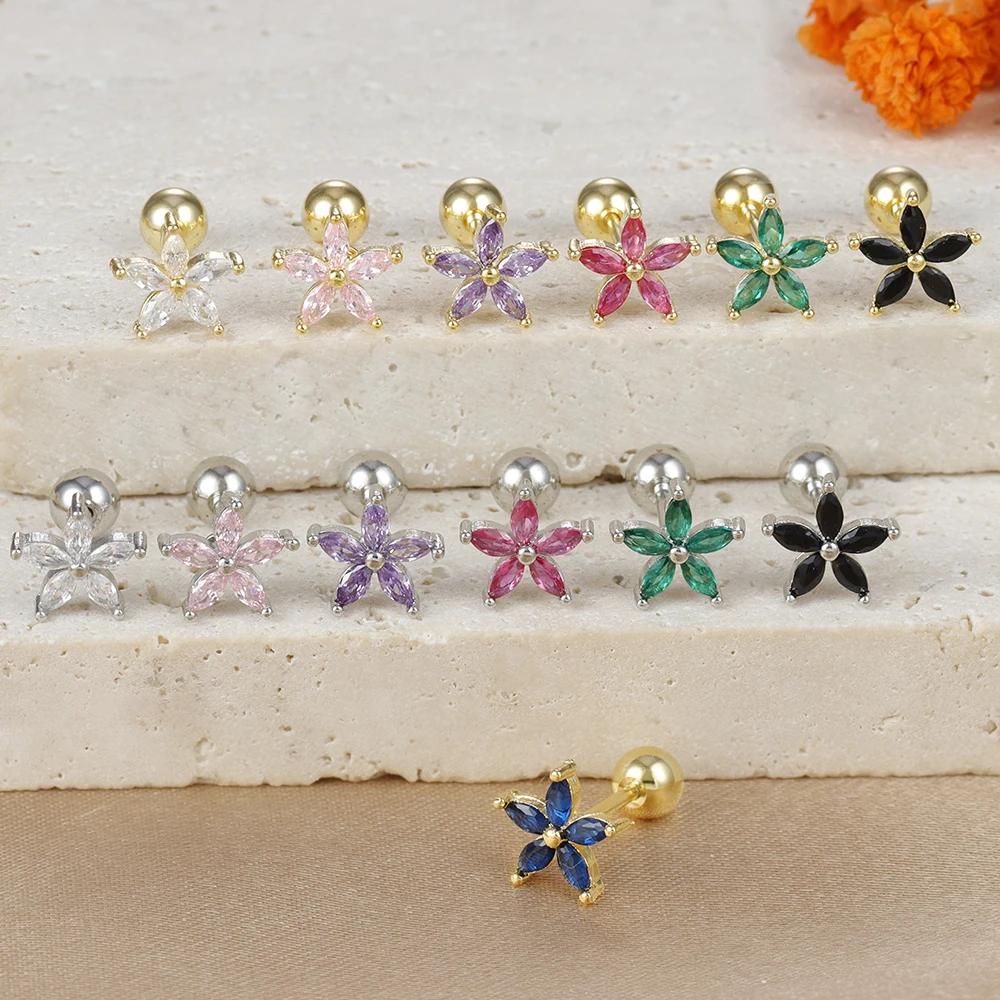 1pc Cute Five Petals Flower Stainless Steel Colour Zircon Screw Back Stud Earrings For Women Wedding Piercing Jewelry Gift