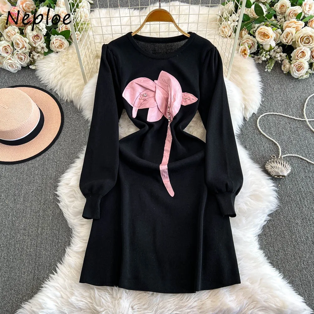Neploe Luxury Bohemian O Neck Long Sleeve Mujer Women Advanced Print Slim Waist Robe Embroidery Diamond Loose Korea Chic Dresses