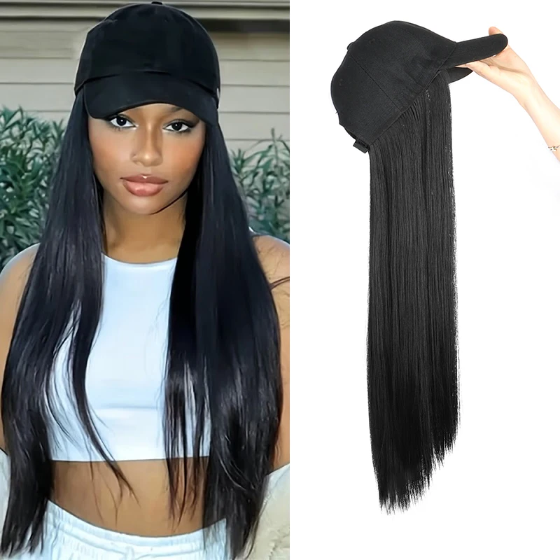 24Inch Synthetic Long Straight Black Baseball Cap Wig Adjustable for Women Daily Use