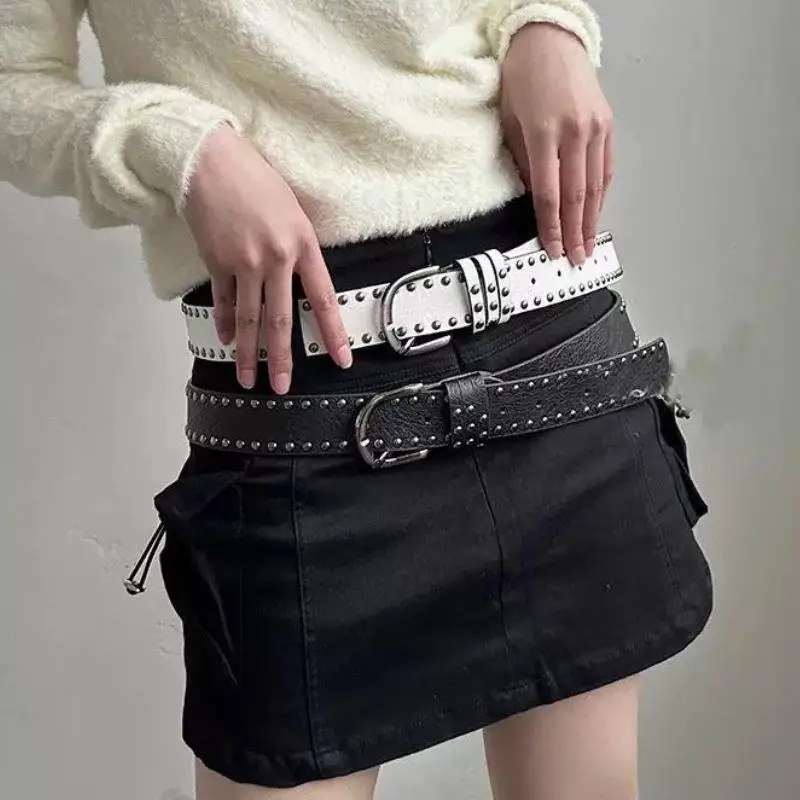 

2026 New Women Belt Women's Jeans Tie-in Ladies' Belt Fashion Personality Rivet Belt Senior Black Fashion Double-row Rivets Belt