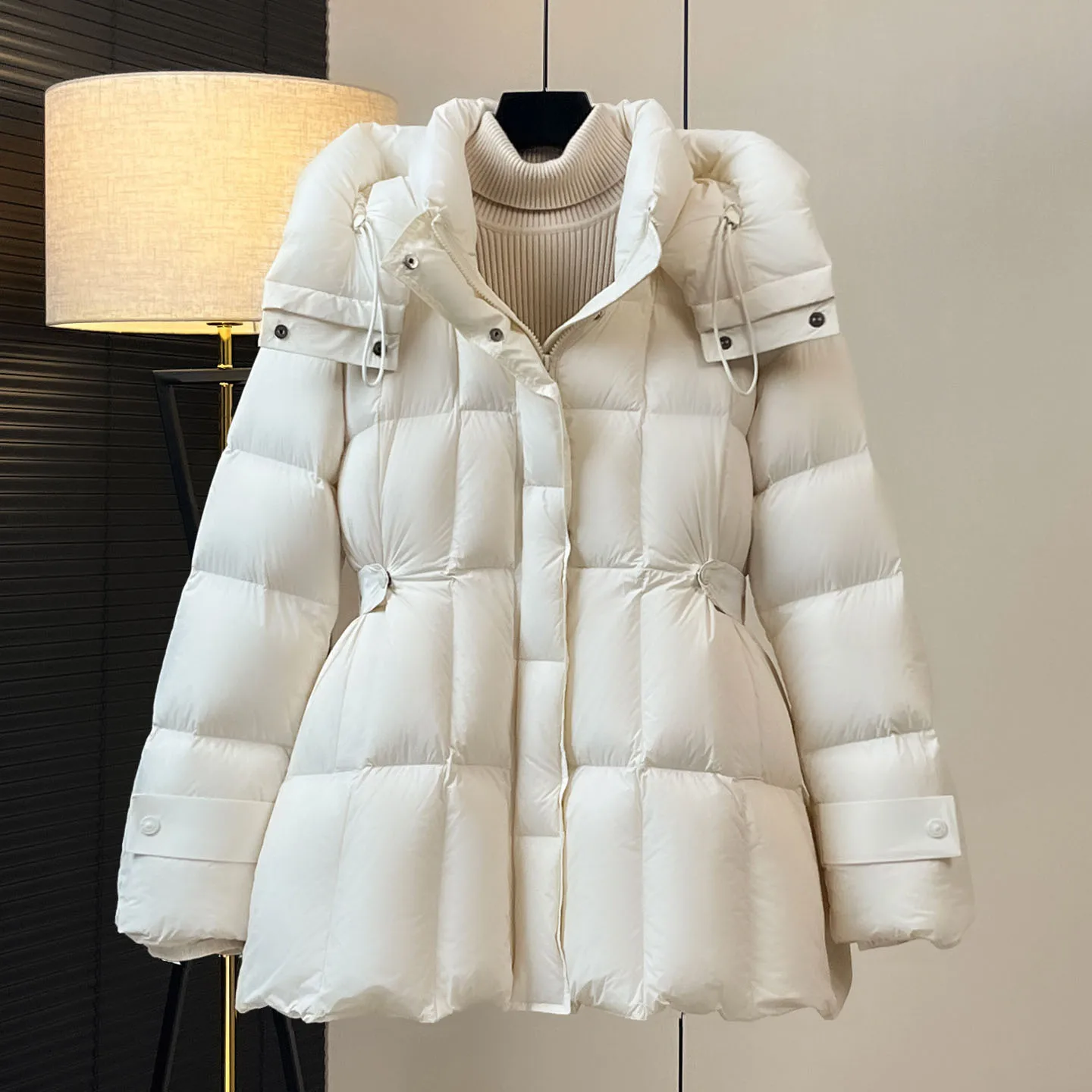 Dames A-lijn donsjack met capuchon Winter effen kleur gewatteerd trekkoord bladerdeegjas Koreaanse mode elegante vrouwelijke dikkere overjas