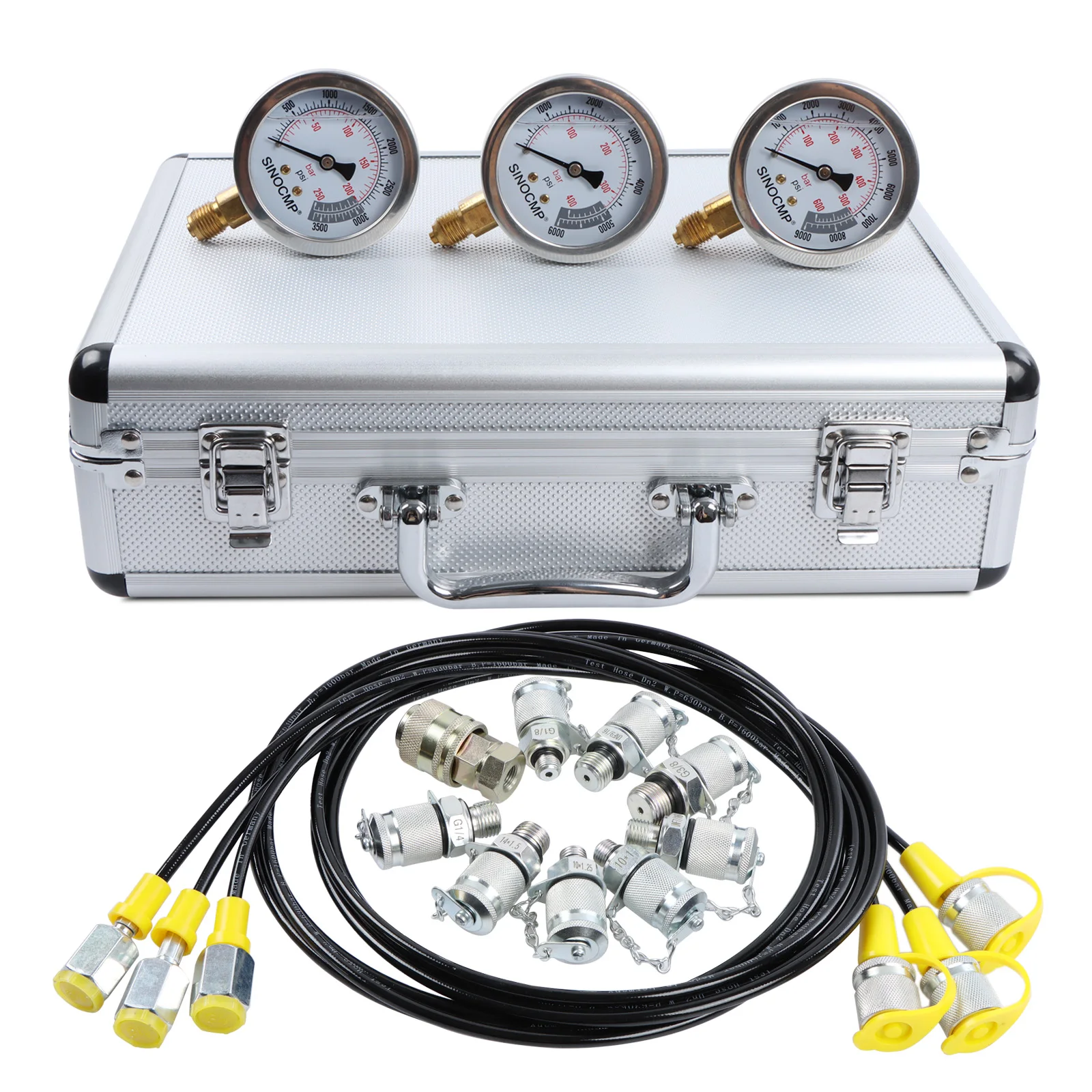 

Hydraulic Pressure Gauge Test Kit w/ 3 Gauges 25/40/60Mpa & 9 Test Coupling & 3 Test Hoses Excavator Hydraulic Point Coupling