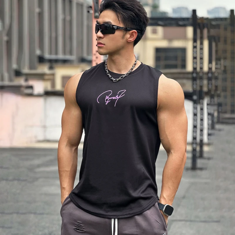 2024 new design can change color logo men's vest wide shoulder round neck sleeveless casual shirt mesh quick drying sportswear