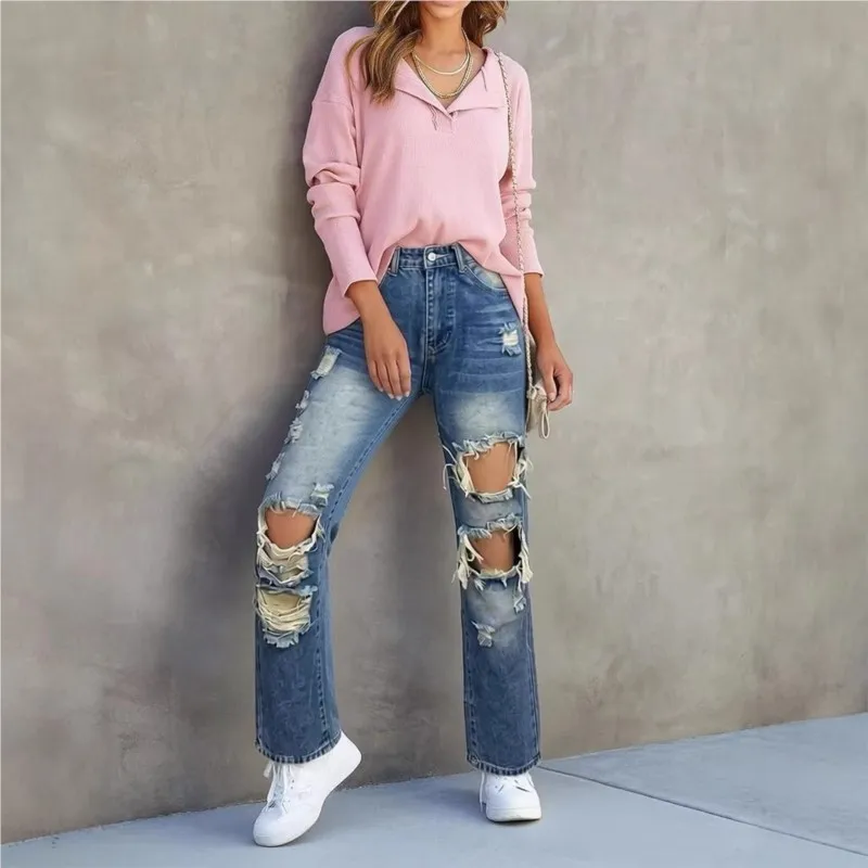 American Retro Hole-punched Jeans Women High Waist Straight-crotch Loose Slim Design High-street Vibe Wide-legged Pants