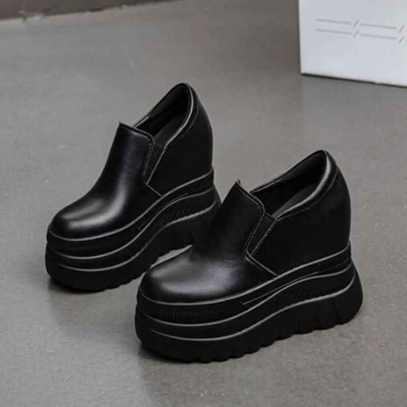 

12cm Luxury Women Breathable Platform Hidden Heels Shoes Genuine Leather Synthetic Slip-On Fashion Spring Autumn Chunky Sneaker
