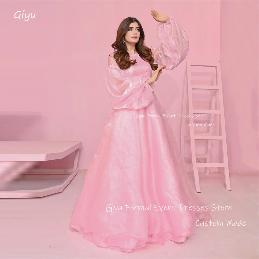 

Giyu Simple Baby Pink Silk Organza Evening Dresses Dubai Arabic Women Puff Long Sleeves Gowns Formal Occasion Birthday