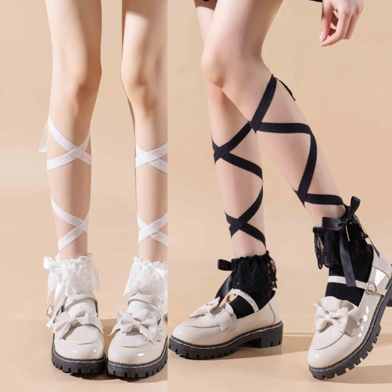 

E15F Womens Japanese JK Girls Ballet Sweet Ribbon Tie Bandage Ankle Socks Student Princess Ruffle Lace Solid Color Socks