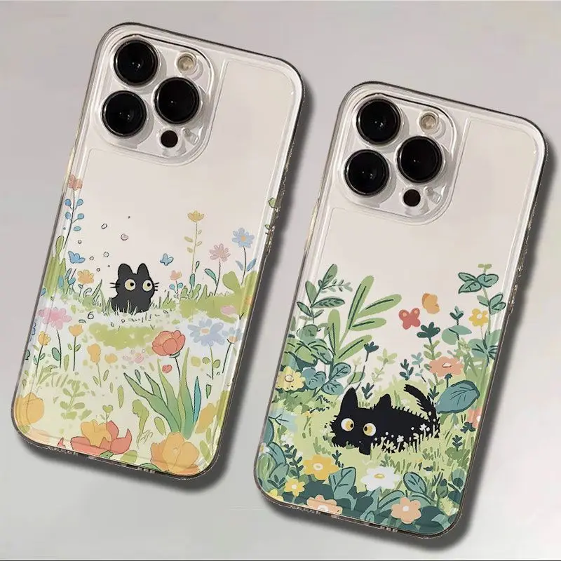 Cute Cartoon Black Cat Phone Case For iPhone 18 17 16 15 11 12 14 13 Pro Max Mini X XR 7 Plus 17E Shockproof Transparent Cover
