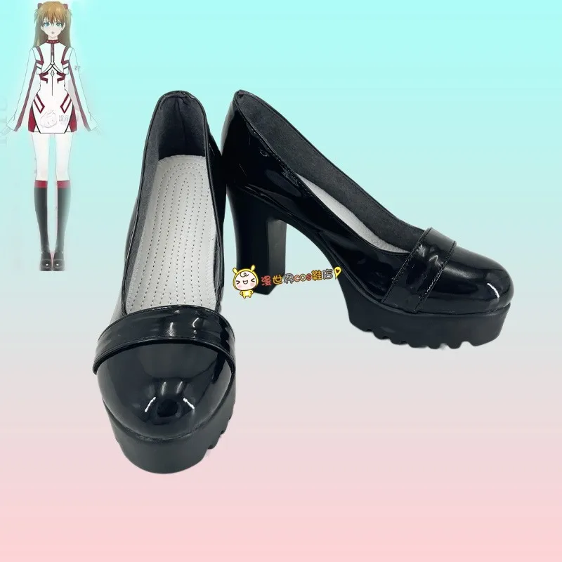 Anime EVA Personaggio Asuka Langley Soryu Scarpe Cosplay Scarpe col tacco alto nere fatte a mano Scarpe da locomotiva in ecopelle
