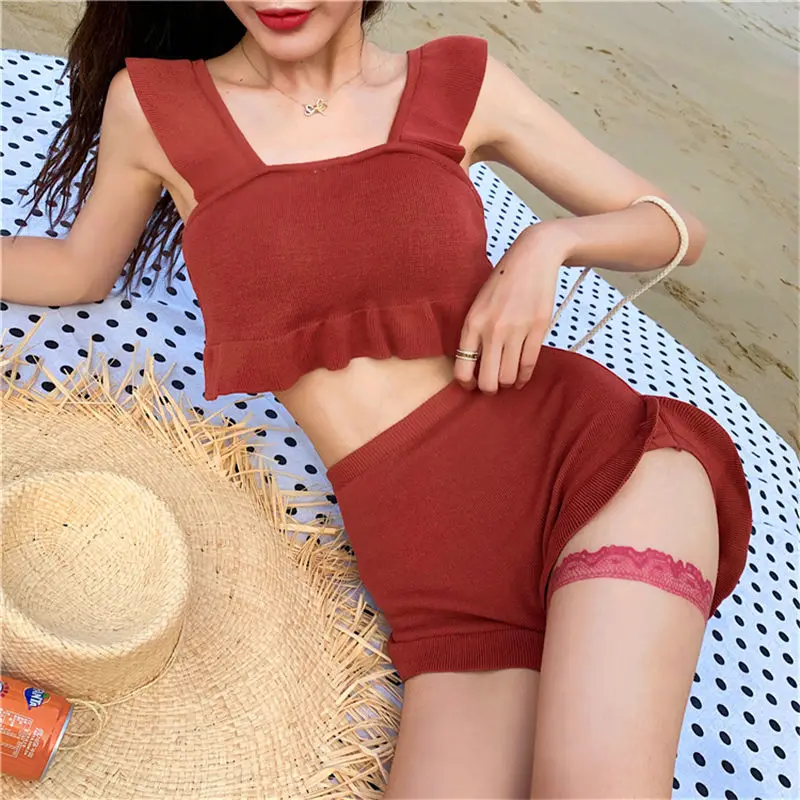 

Bikini Set Women Ruffles Design Stylish Retro Korean Style Newly Swimsuit Simple High Waist Sexy Knitted Beach Wear Ins Swimwear