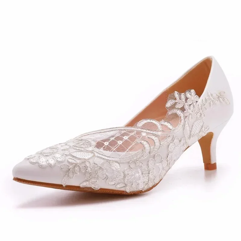 Women Pumps Pointed Toe Lace Slip-On PU 5CM Thin Heels Elegant And Minimalist Mature Banquet Wedding Shoe Sexy Ladies Party Shoe