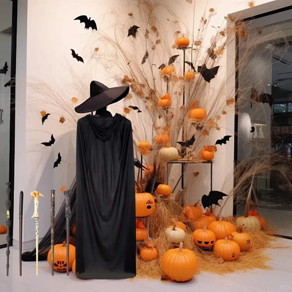 5 Stück Zauberstab und 1 Stück Kapuzenumhang Umhang, Damen Hexenkostüm Vampirumhang Zauberer Robe Cosplay Kostüm und Zauberstab Hand