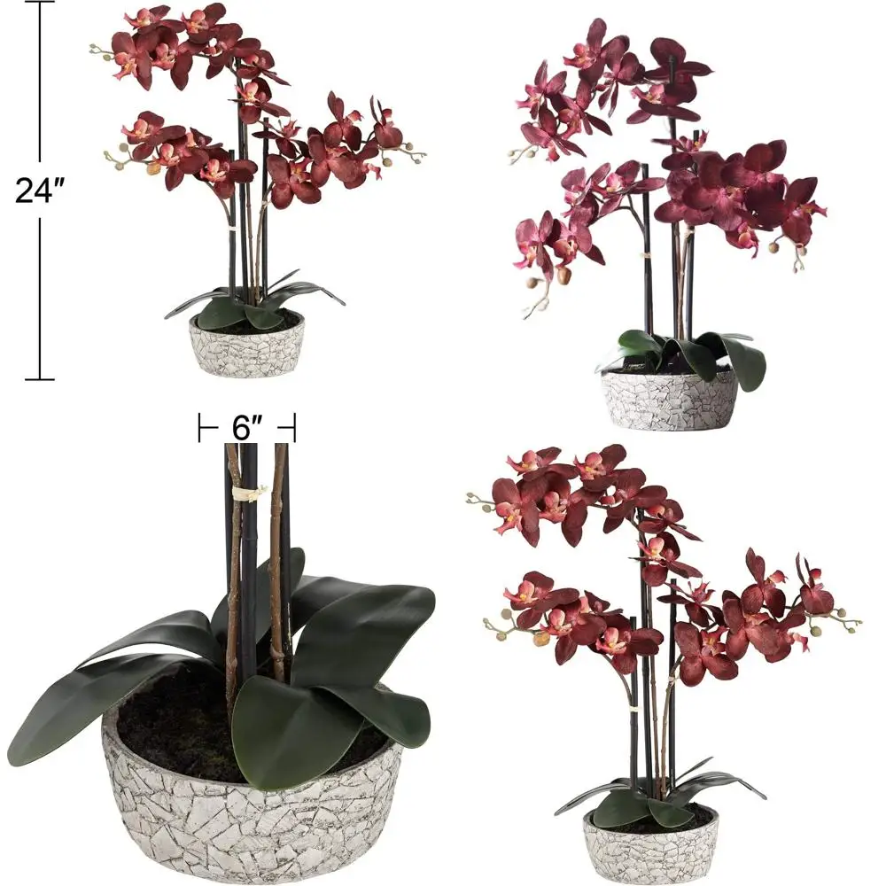 

Realistic Red Orchid Arrangement in Crackle Gray Vase for Home Decor, 24 Tall