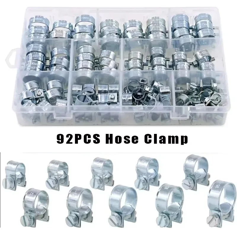 92pcs Hose Clamps Zinc Plated Fuel Injection Line Adjustable Metal Pipe Clamp Kit for Automotive Agriculture Construction