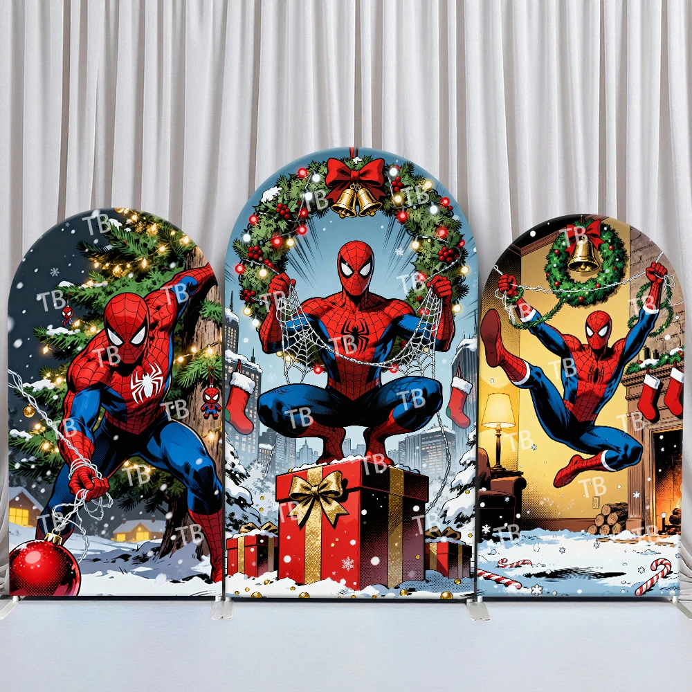 

Spider-Man Arch Backdrop Cover Christmas Decor Snow Festive Comic Style Birthday & Baby Shower Party Photo Booth Decor Props