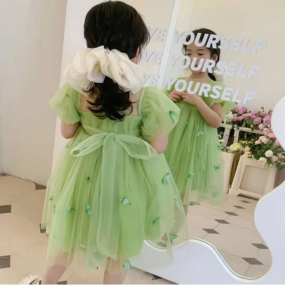 2023 Easter Children Girl Summer Clothes Sleeveless Butterflies Applique Green Purple Kids Dresses for Girls for 4 To 5 Years