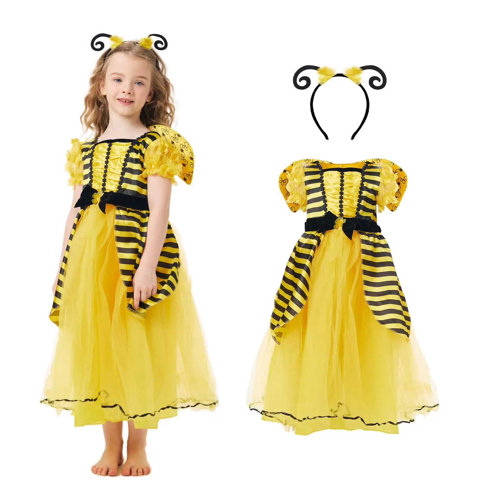 

Bee Costume Girls Funny Animal Costume Suit Yellow Princess Dress Headband Halloween Outfit Cosplay Fancy Dress