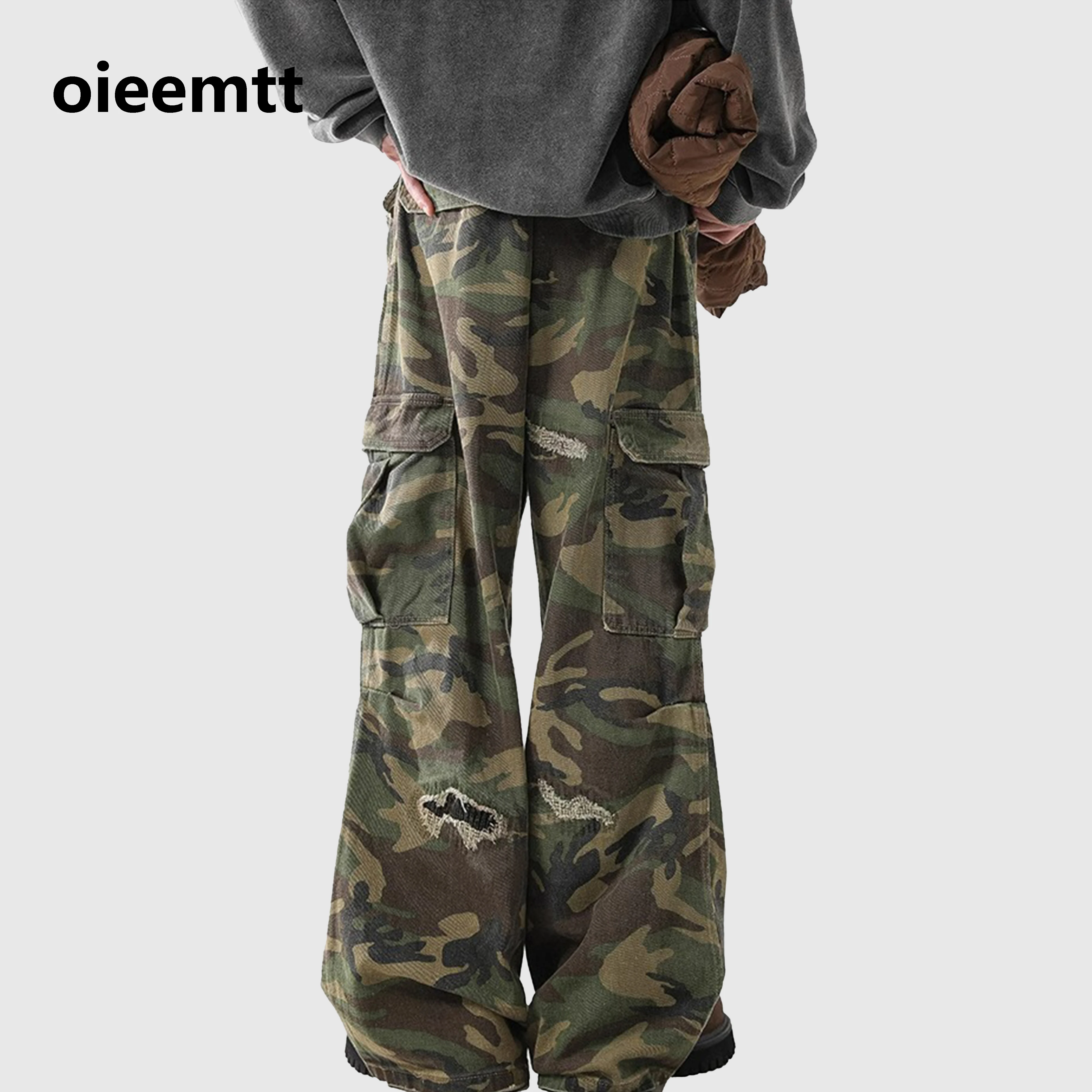 100%cotton Camo Vintage Distressed Ripped Hole Wide Leg Trousers Casual Camouflage Cargo Pants Side Pocket Long Pants for Unisex