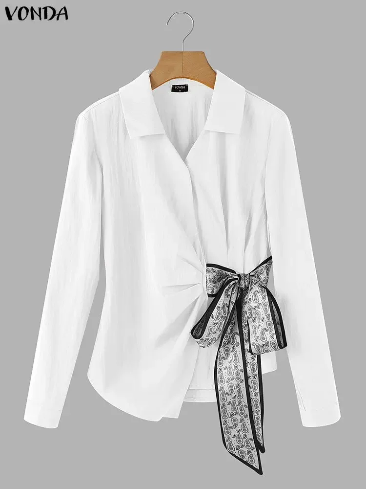 Vonda elegante senhora do escritório camisas blusa feminina outono manga longa com decote em v casual streetwear moda bandagem topos feminino