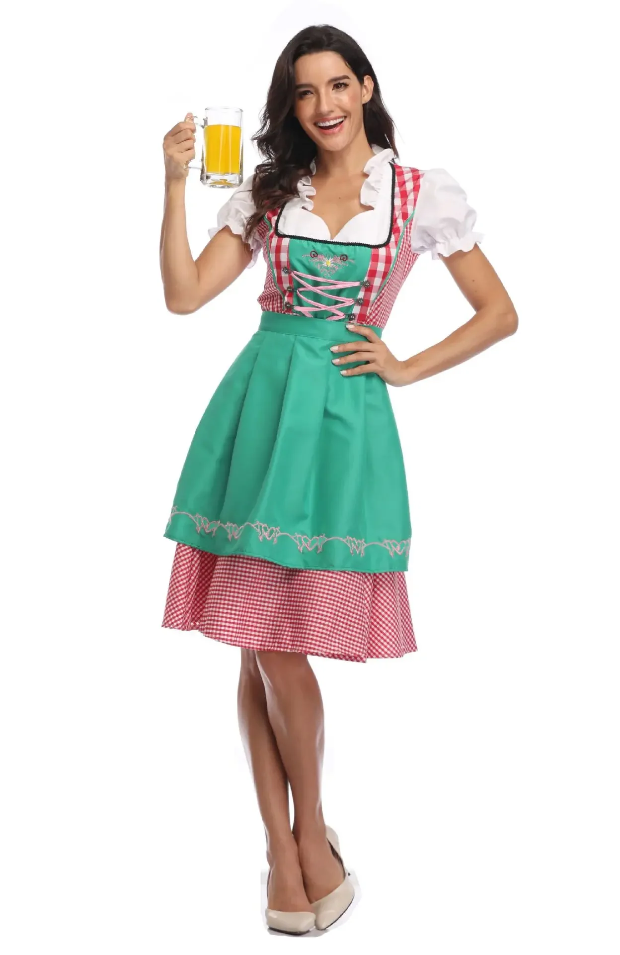 Traditional Women Bavarian Dirndl Oktoberfest Costume Red Plaid Beer Waiter Maid Cosplay Carnival Halloween Party Fancy Dress