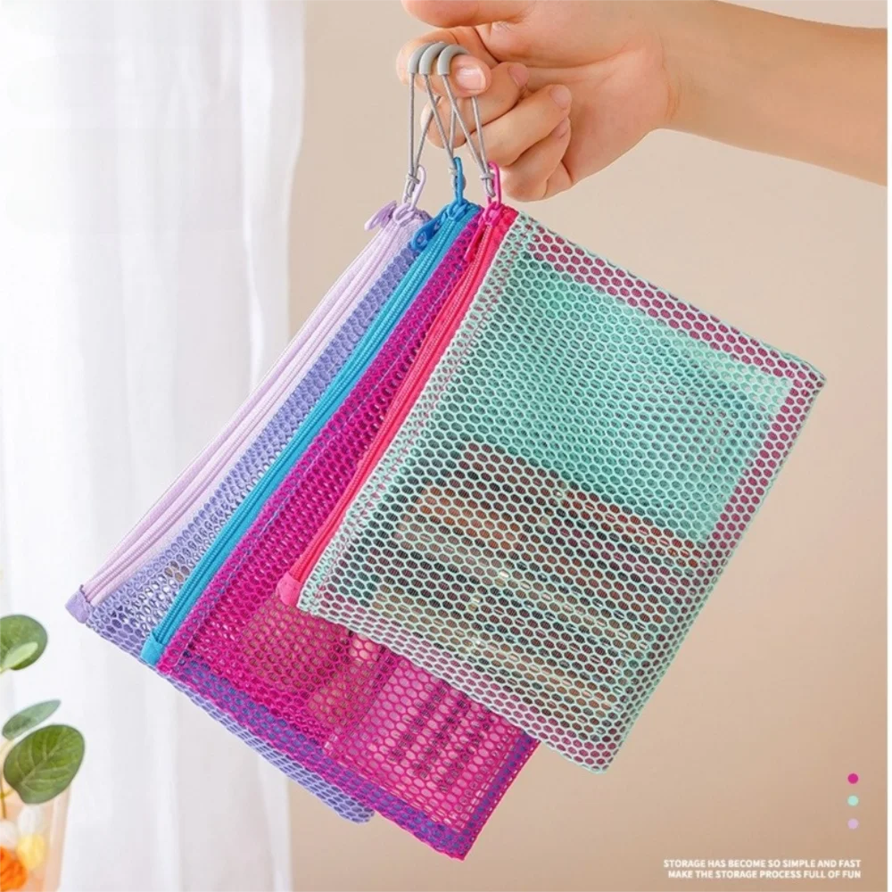 Durable Mesh Cosmetic Bag Large Capacity Double Zipper Coin Purse Portable Dopamine Color Data Cable Earphone Organizer