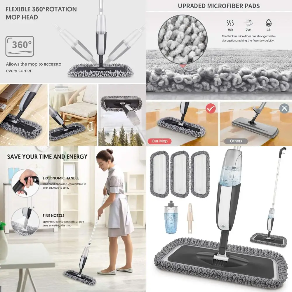 

Microfiber Floor Mop: Dry/Wet Cleaning for Hardwoods, Laminates, Tiles, and More with 3 Pads & Refill Bottle