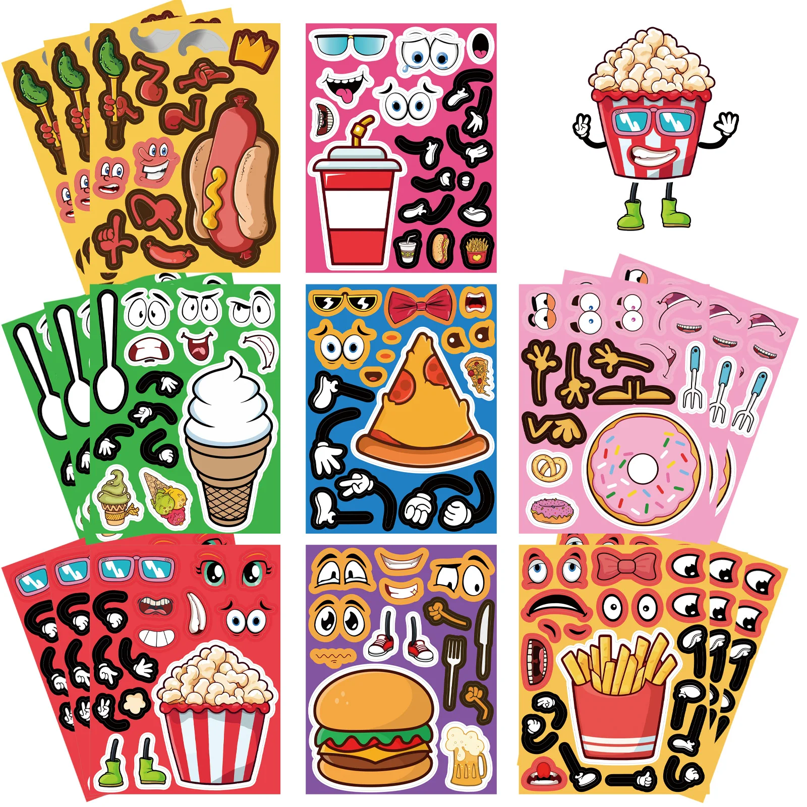 

8/16Sheets Food Hamburger Fries Coke Hot Dog Puzzle Sticker DIY Phone Laptop Luggage Skateboard Graffiti Decals Fun for Kid Gift