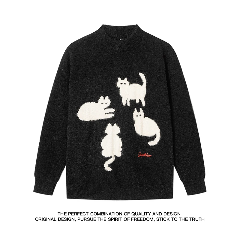 Korean ins Cat Pattern Knitted Black Beige Crew Neck Pullovers Knit Loose Long Sleeve Sweaters Couple Fashion Sweater