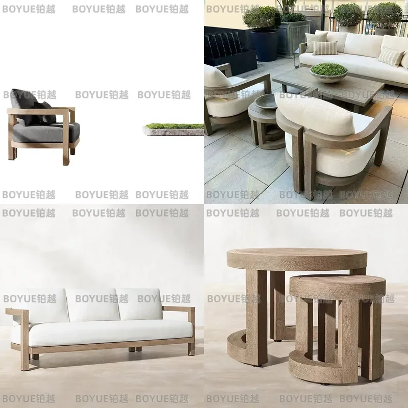 Weathered Teak Outdoor Sofa Set for Villa Courtyard Garden Terrace Patio Furniture Open Air Bed and Breakfast Lounge