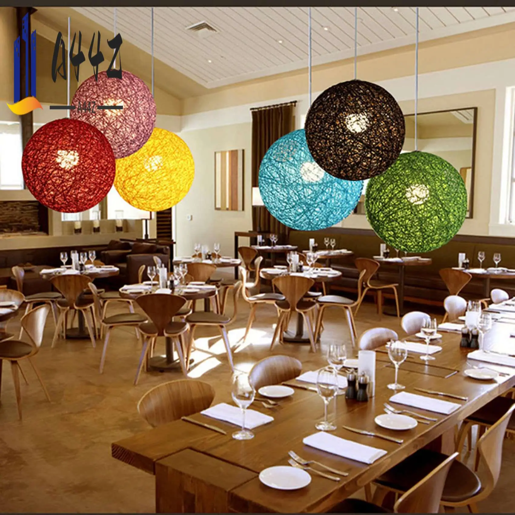 

A44Z-3X Yellow Bamboo, Rattan And Hemp Ball Chandelier Individual Creativity Spherical Rattan Nest Lampshade