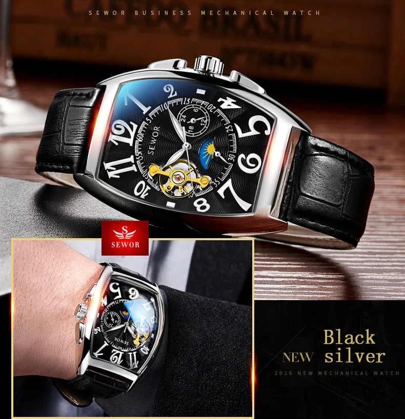 SEWOR Luxury Skeleton Automatic Mens Watch Moon Phase Tonneau Tourbillon Mechancial Watches Genuine Leather Strap Luminous Hands