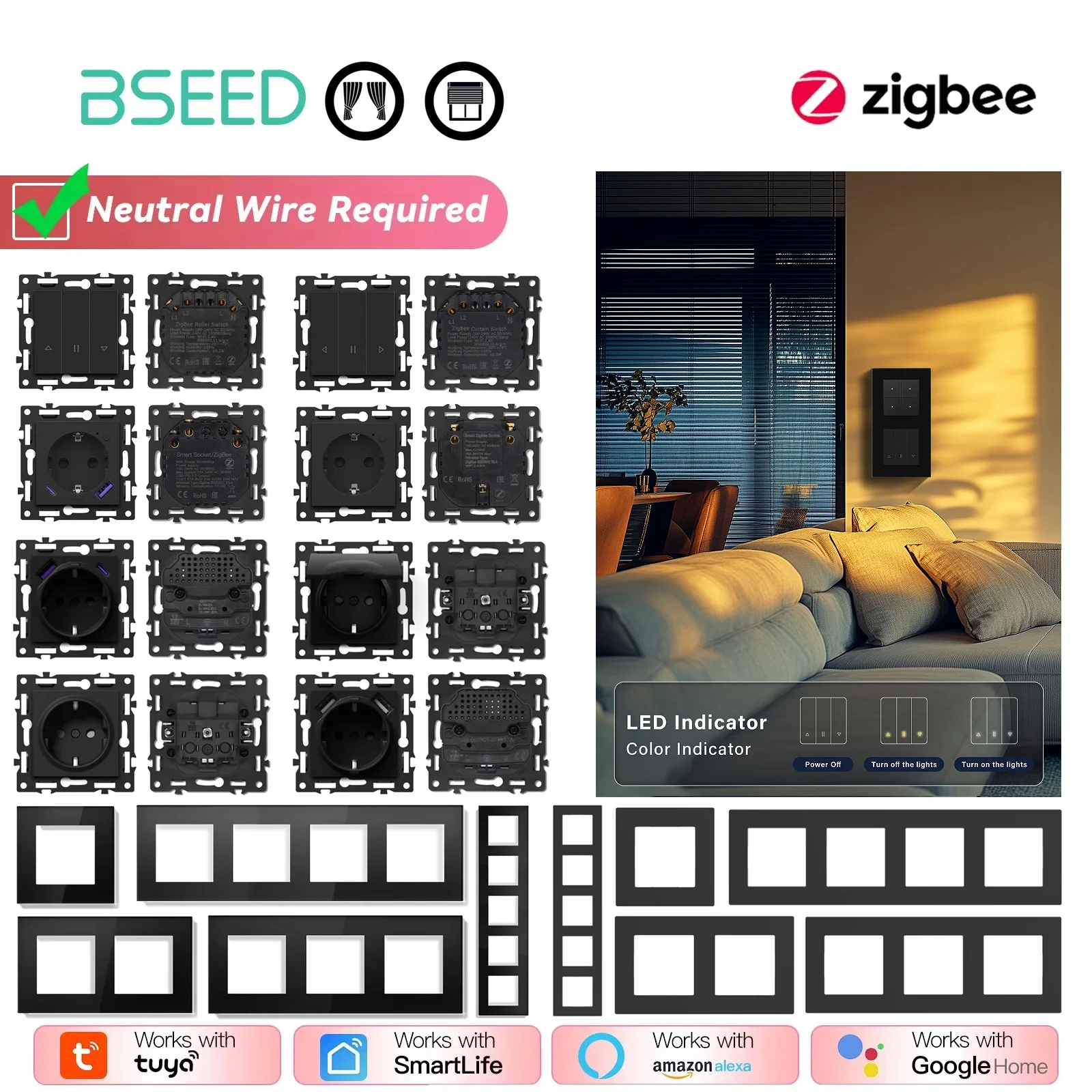 

Модули умных выключателей BSEED Zigbee для штор, кнопочные выключатели для рулонных штор, черные, DIY, комбинированные настенные розетки USB, серия E