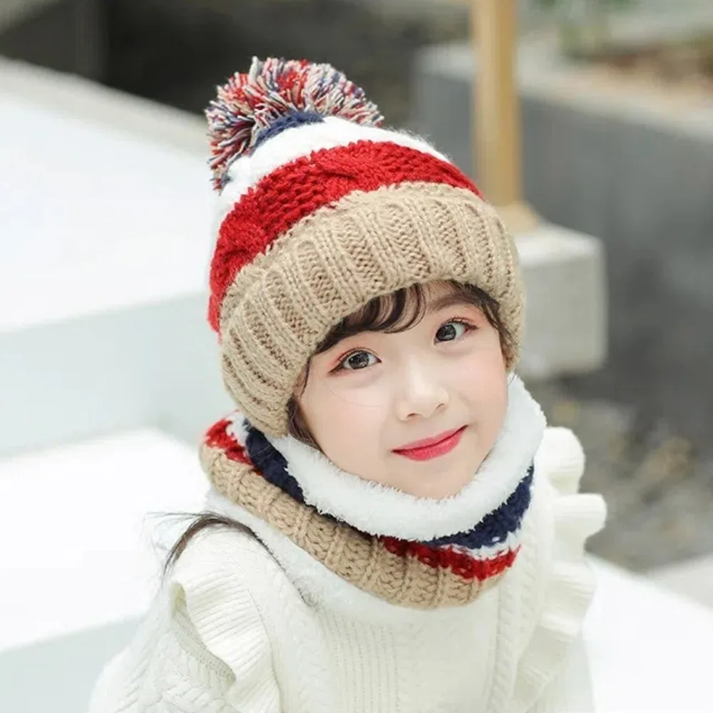 Sweet Velvet Knitted Wool Ball Hat Fleece Lined Keep Warm Beanie Hat Scarf Set Thick Fleece Cap Scarf Set for Winter