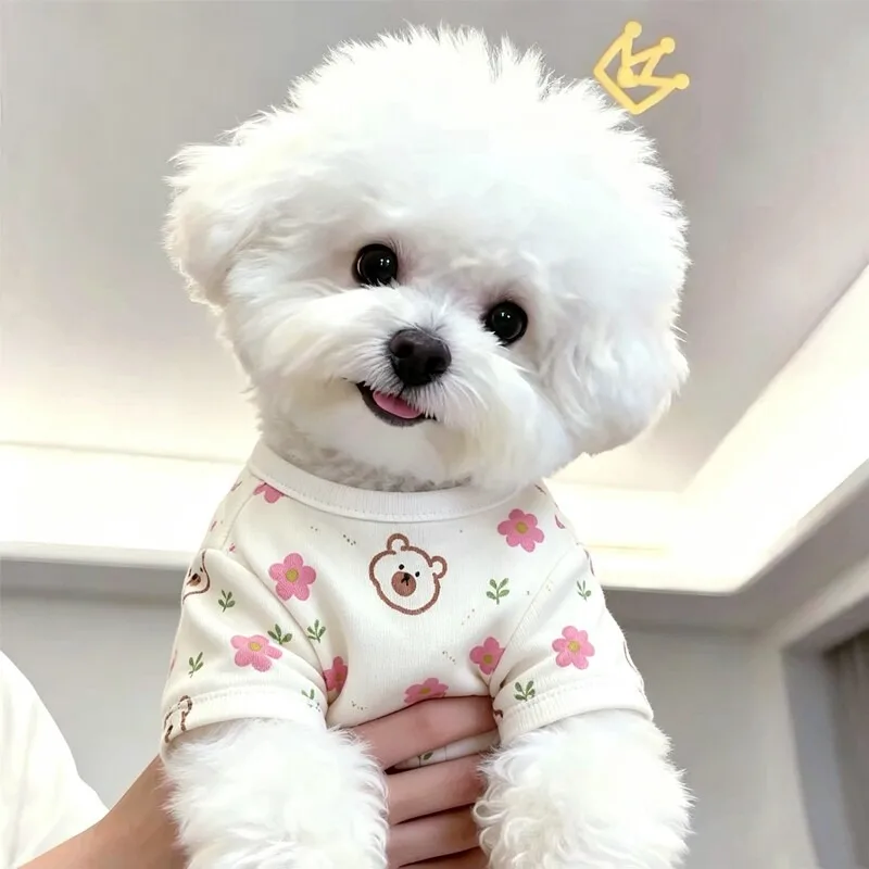 Warm Autumn Pet Clothes for Small Dogs, Floral All-Over Print Vest & Soft Base Layer, Two-Legged Outfit for Maltese & Teddy