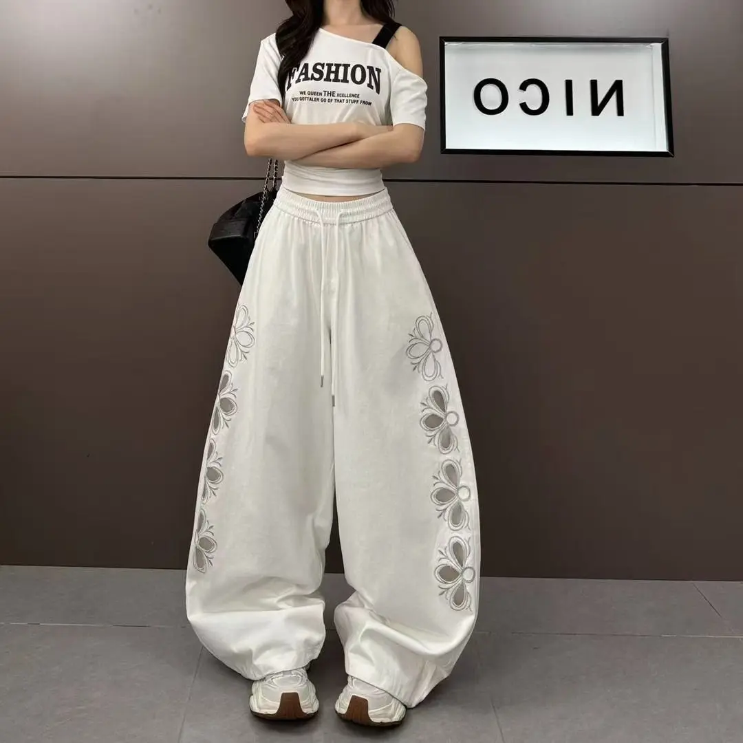 2026 Women's Embroidered Hollow Out Drawstring Wide Leg Casual Pants Y2k Pants