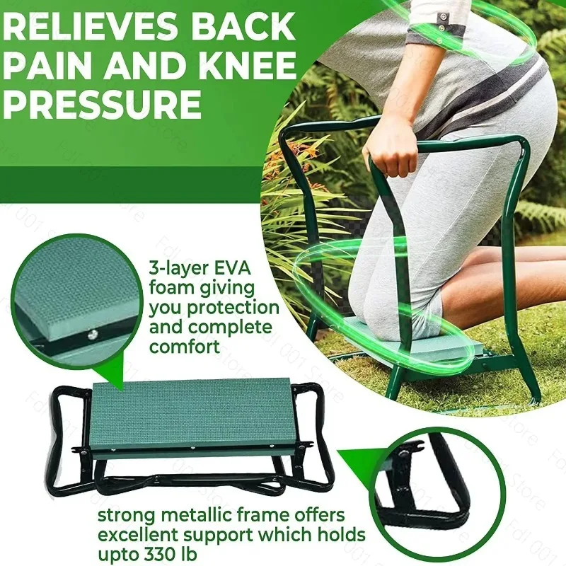 Folding Garden Kneeler Stool Bench Knee Protection Seat with Multi‑pocket Tool Storage Pouch for Gardening