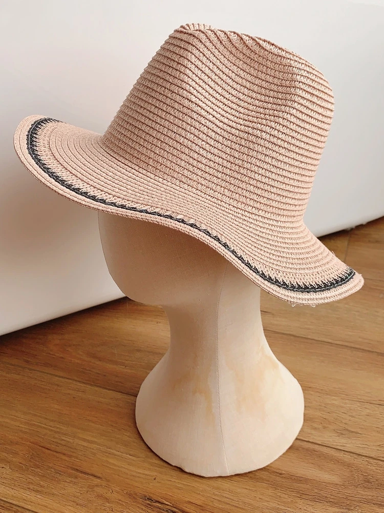 قبعة قش نسائية ، قبعة صيفية للعطلات ، الشاطئ والسفر ، مخطط ، مسطح ، مقاوم للشمس ، طراز ياباني