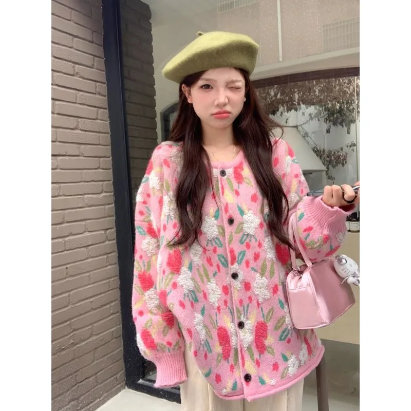 Women's Autumn Winter Tops Sweater Knit Flower Sweet Big Size Vintage Simple Comfortable Casual Advanced Soft Niche Versatile 3