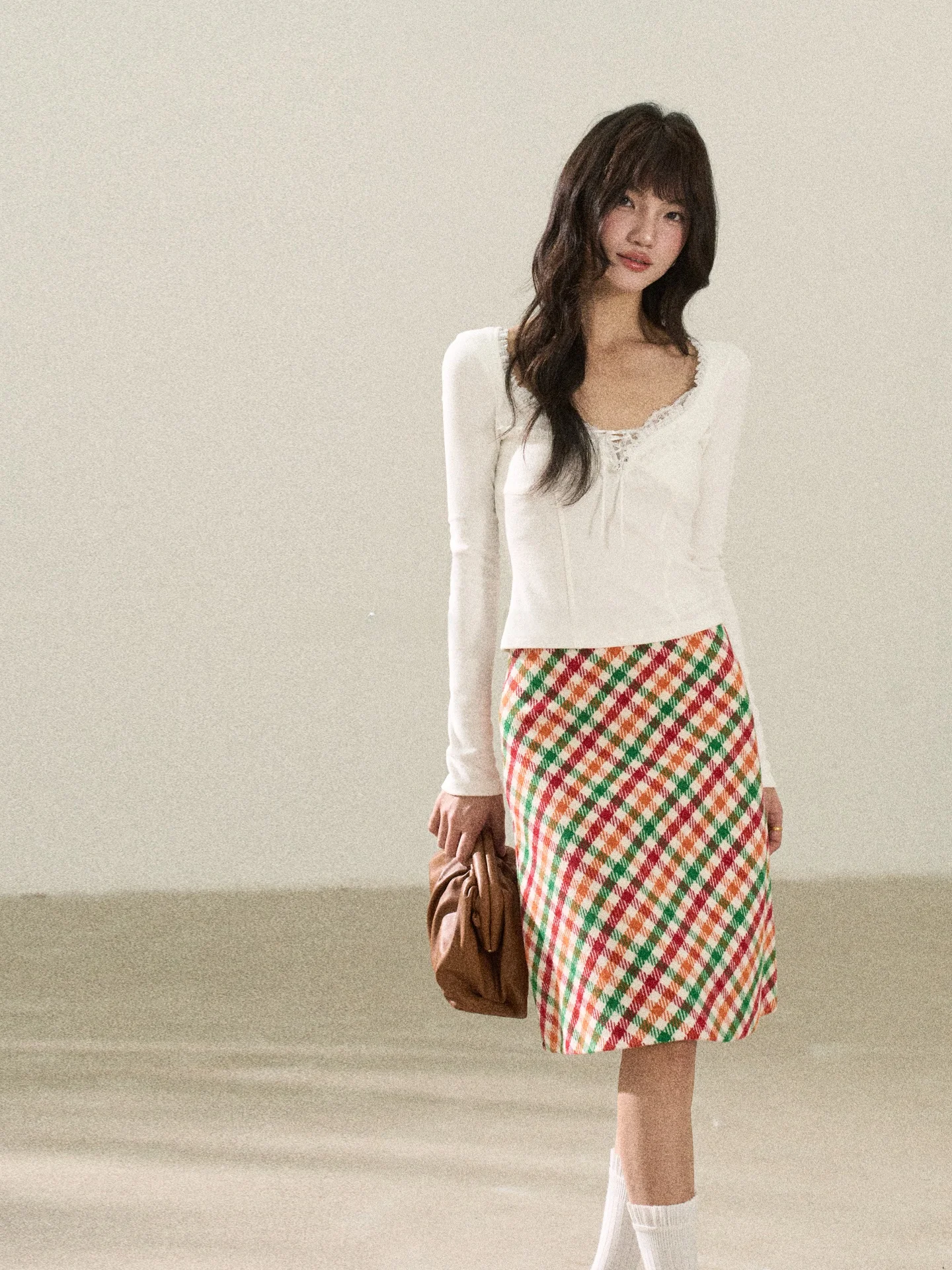 

Retro Lace Belted Long Sve Women's irt Slim Fit Korean Sle Knitted Cotton Blend Warmth Casual Faion Top