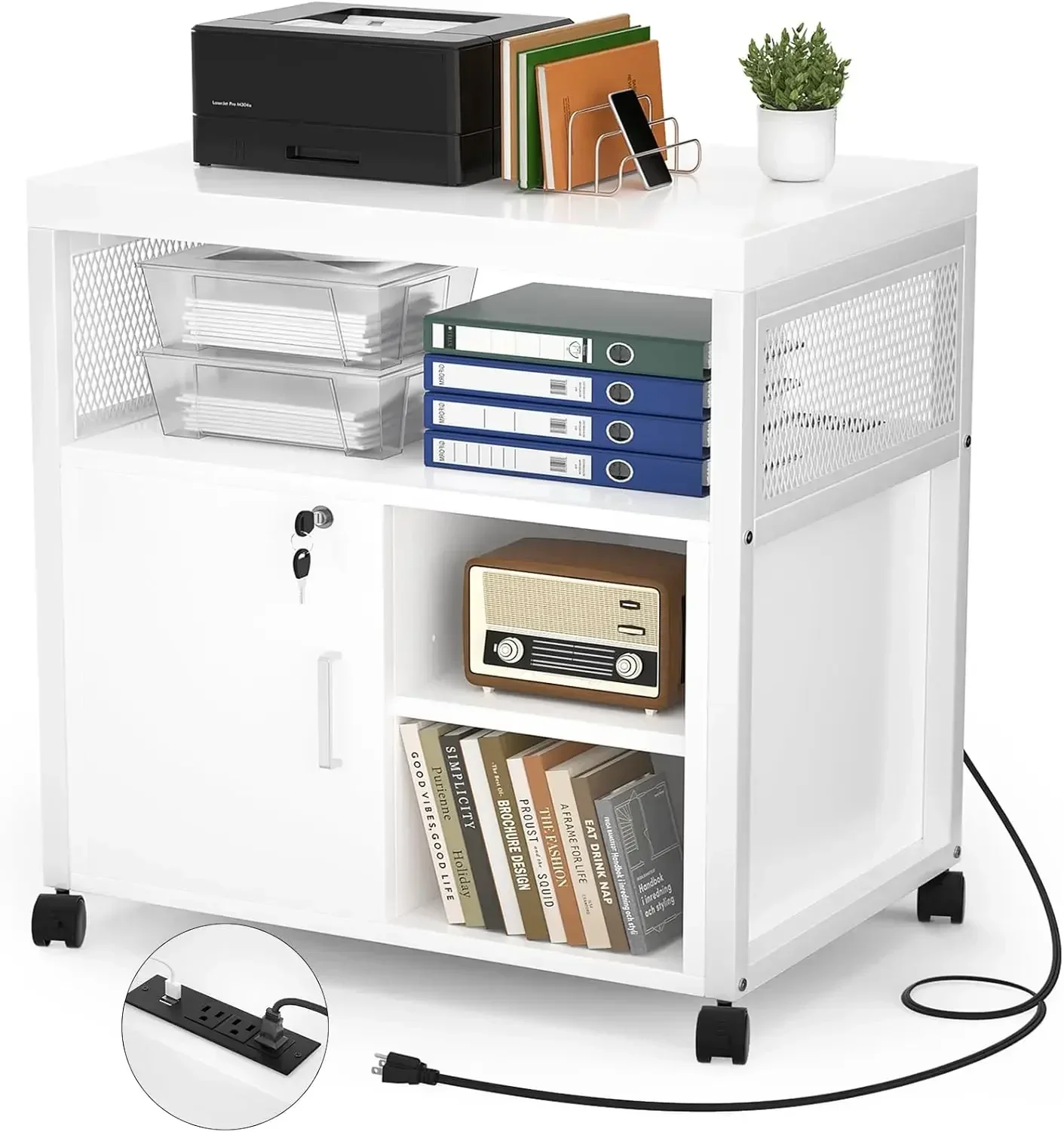 Rolling File Cabinet Lateral Office Filing Cabinets with Socket and USB Charging Port, Modern Printer Stand on Wheels, Printer C
